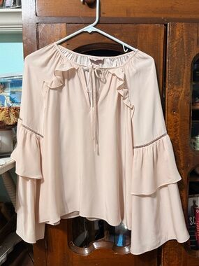 Parker Pale Pink 100% Silk Ruffle Tie-Neck Blouse XS